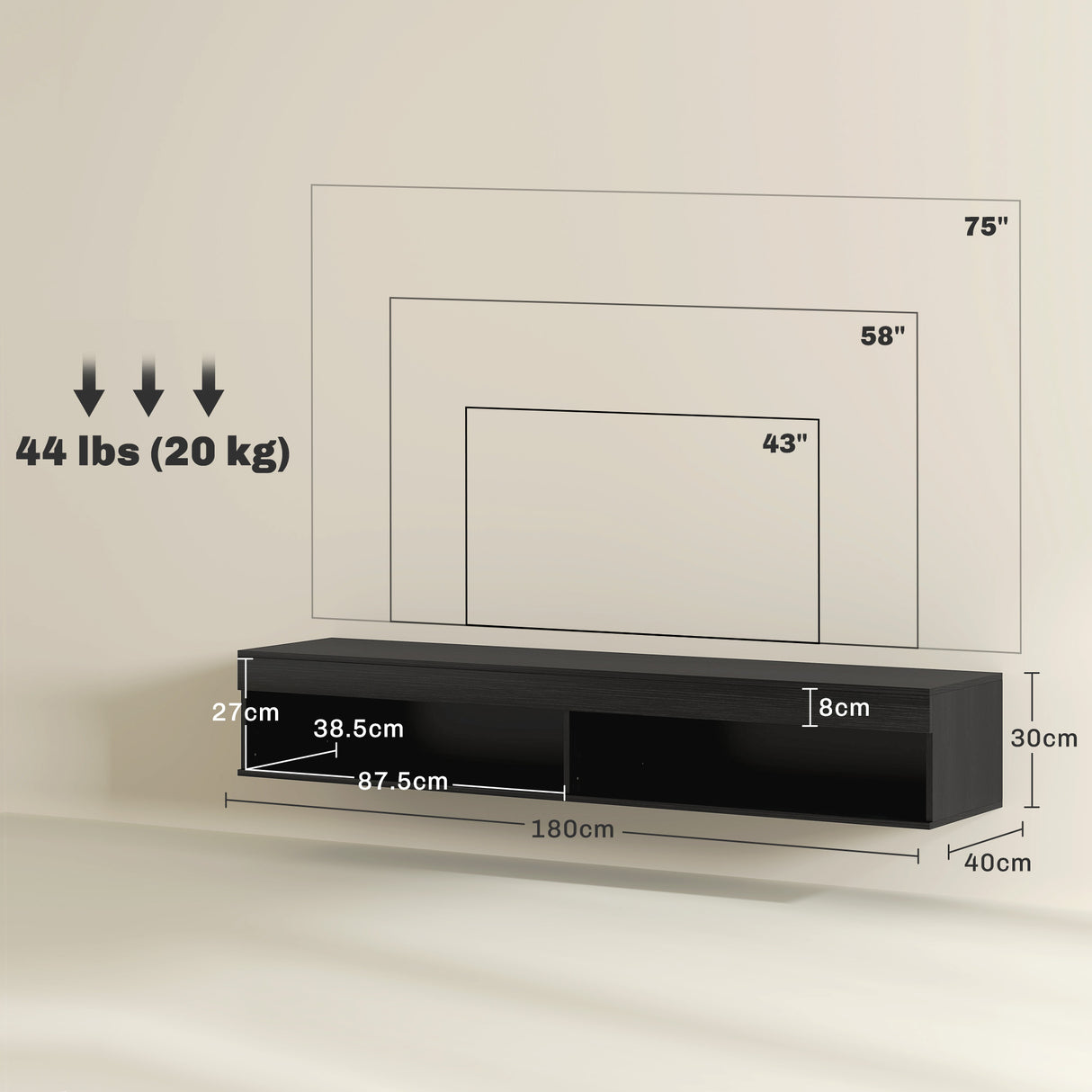 easycomfort easycomfort mobile porta tv fino 75 sospeso con luci led 16 colori e telecomando 180x40x30cm nero