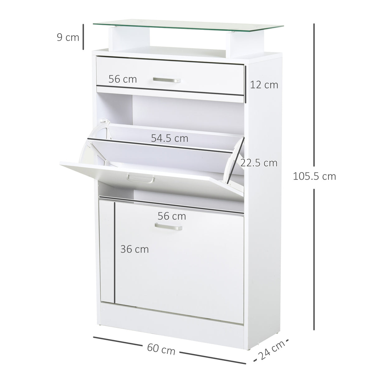 easycomfort easycomfort mobile scarpiera in legno con 2 ante a 2 livelli cassetto e ripiano in vetro 60x24x105 5 cm bianco