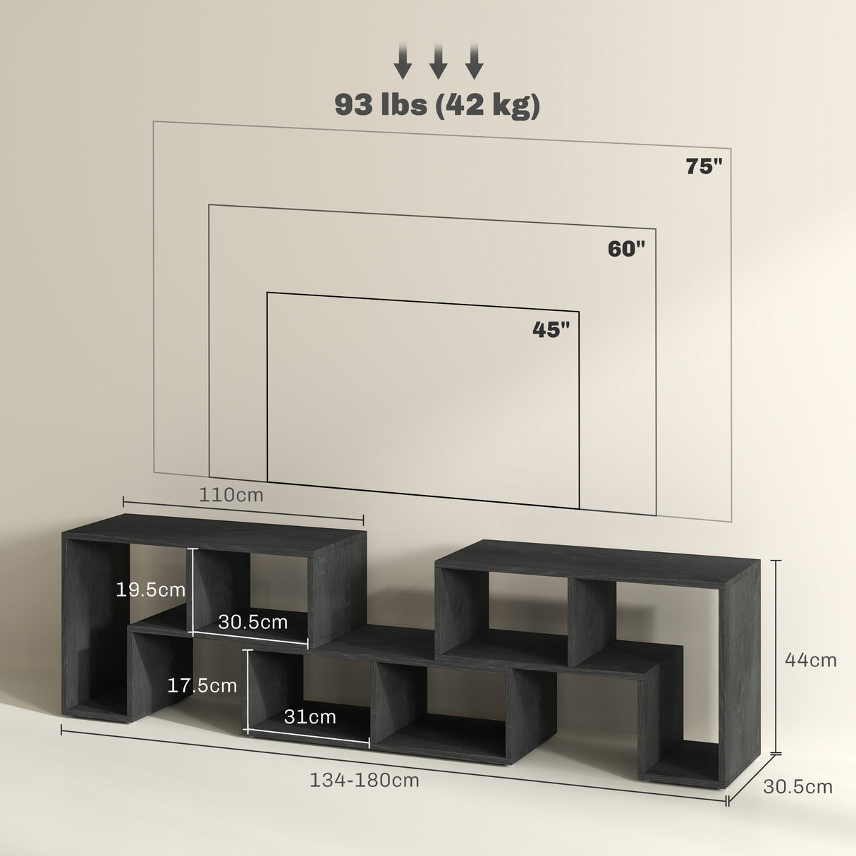 easycomfort easycomfort mobile tv 75 max modulabile con 2 ripiani a l e mensola rettangolare in legno 134 180x30 5x44 cm nero