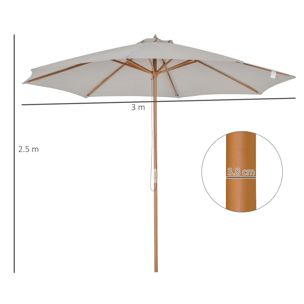 easycomfort easycomfort ombrellone da giardino 3 m con palo in legno 8 stecche e parasole in poliestere grigio