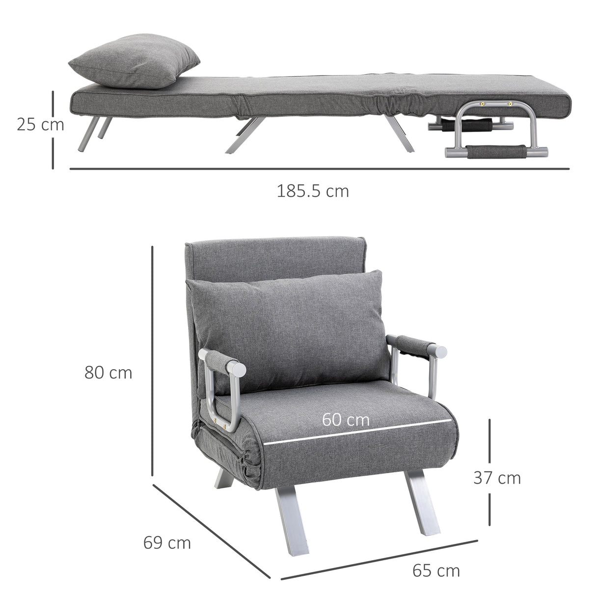 easycomfort easycomfort poltrona letto singola con schienale regolabile su 5 livelli e cuscino in tessuto grigio chiaro