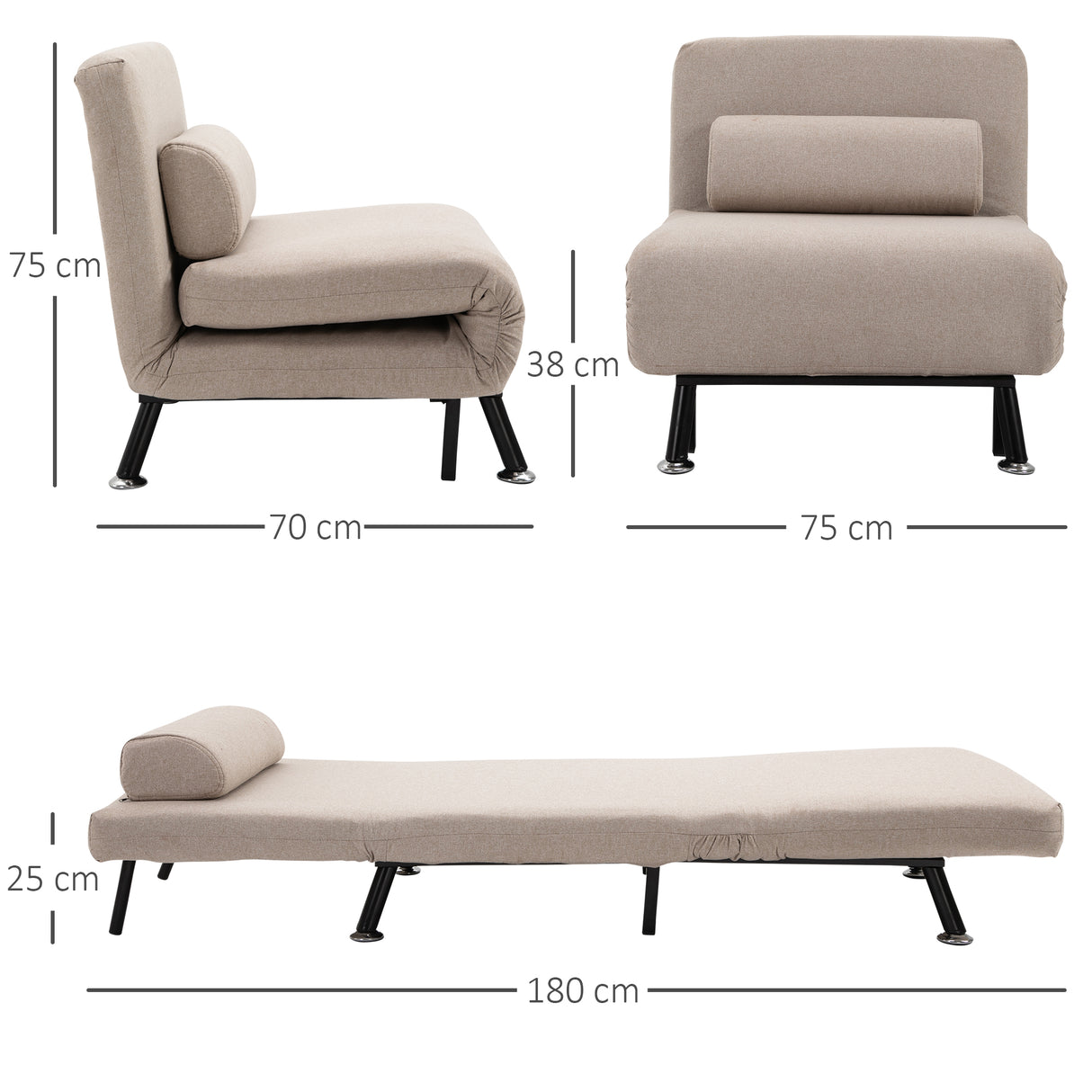 easycomfort easycomfort poltrona letto singolo poltrona con materasso e cuscino imbottito sfoderabili schienale regolabile 90 180 e telaio in metallo 75x70x75 cm beige ean 8055776911885