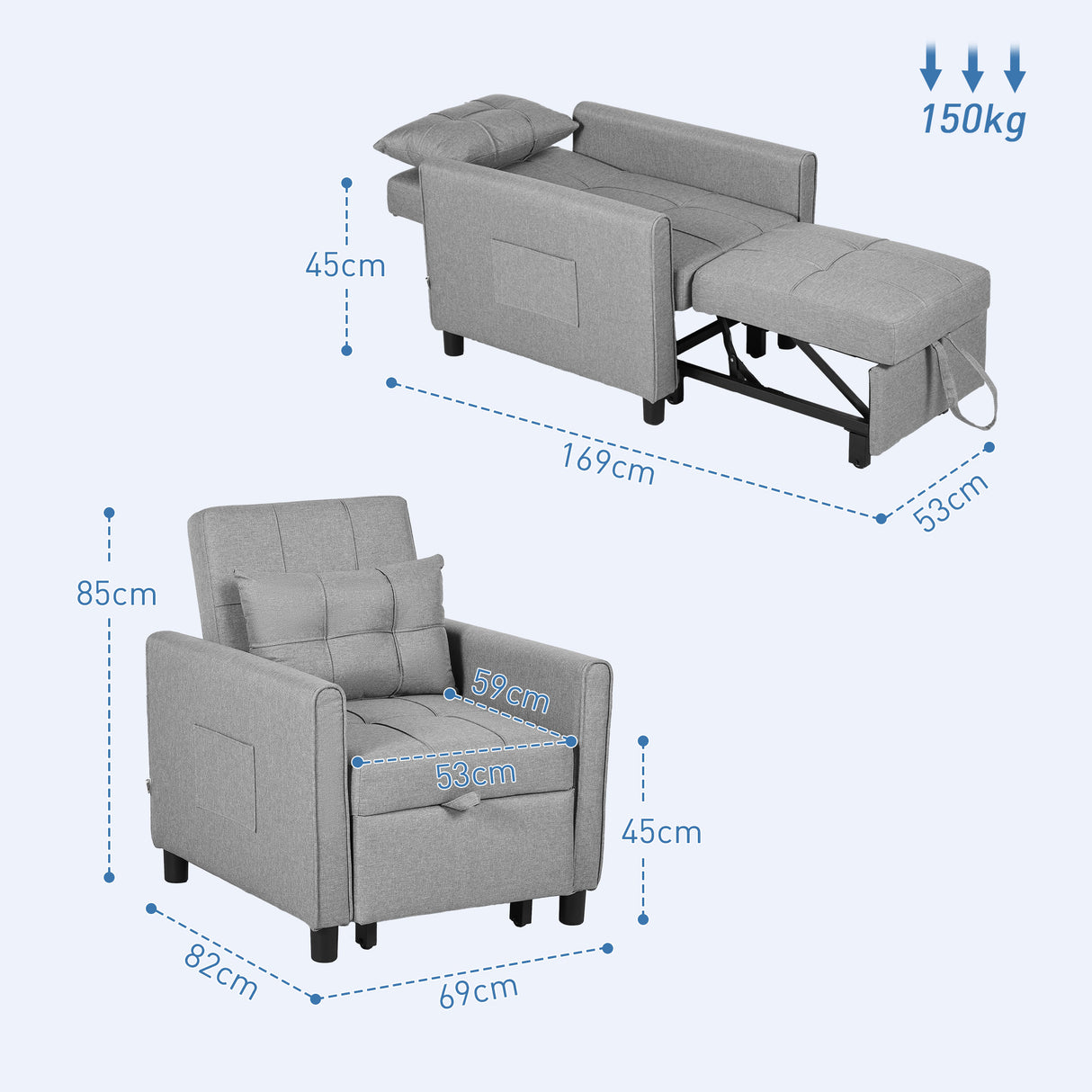 easycomfort easycomfort poltrona letto singolo reclinabile su 3 livelli con cuscino extra 69x82x85cm grigio chiaro