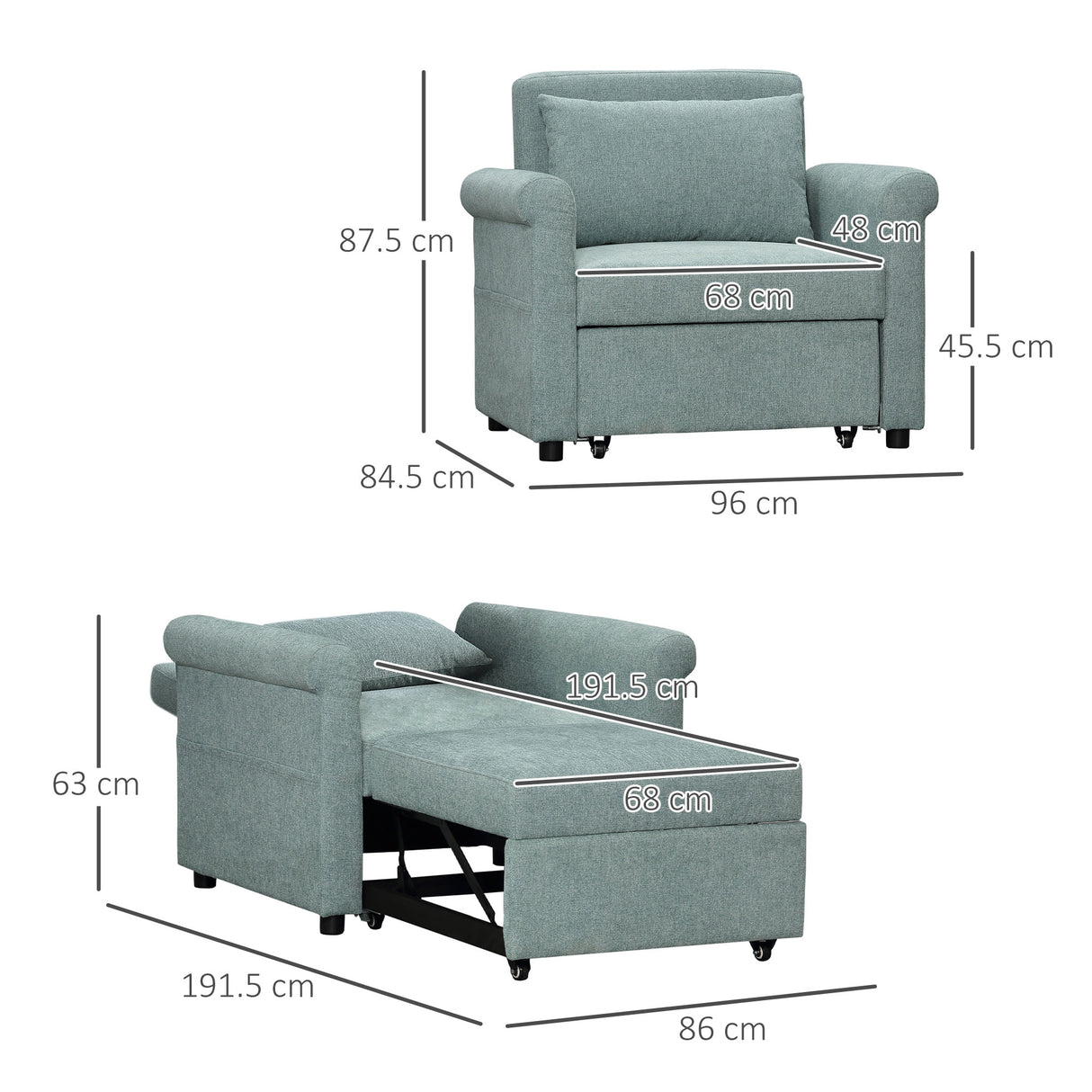 easycomfort easycomfort poltrona letto singolo salvaspazio reclinabile su 4 livelli con seduta imbottita 96x84 5x87 5cm verde