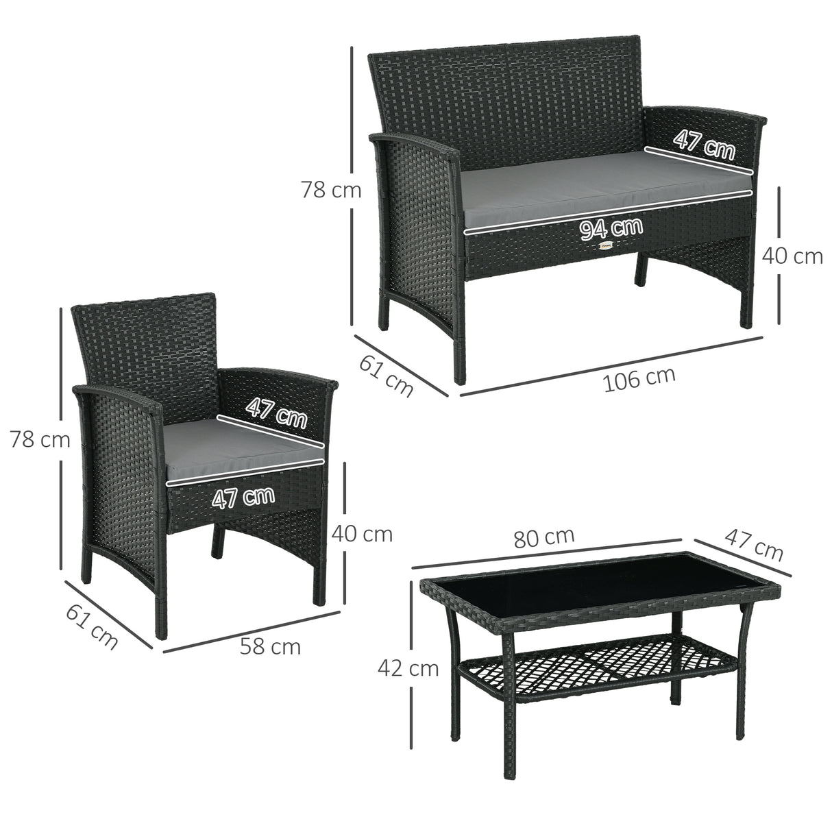 easycomfort easycomfort salotto da esterno rattan pe con divanetto 2 poltrone con cuscini e tavolino in vetro nero e grigio