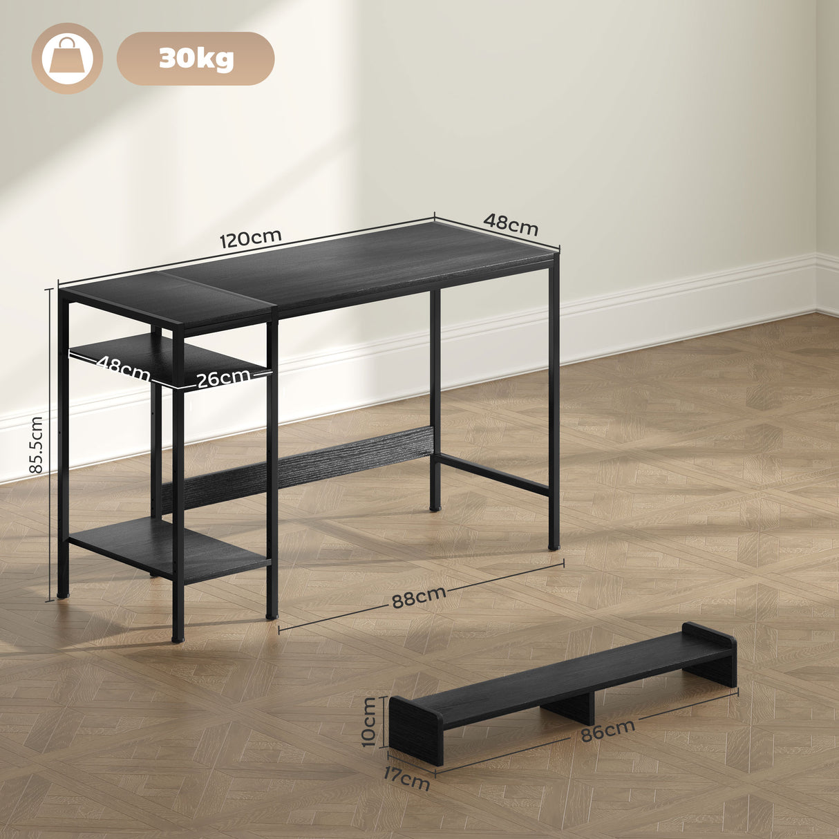 easycomfort easycomfort scrivania pc con supporto per monitor e 2 ripiani regolabili in legno e acciaio 120x48x85 5 cm nero