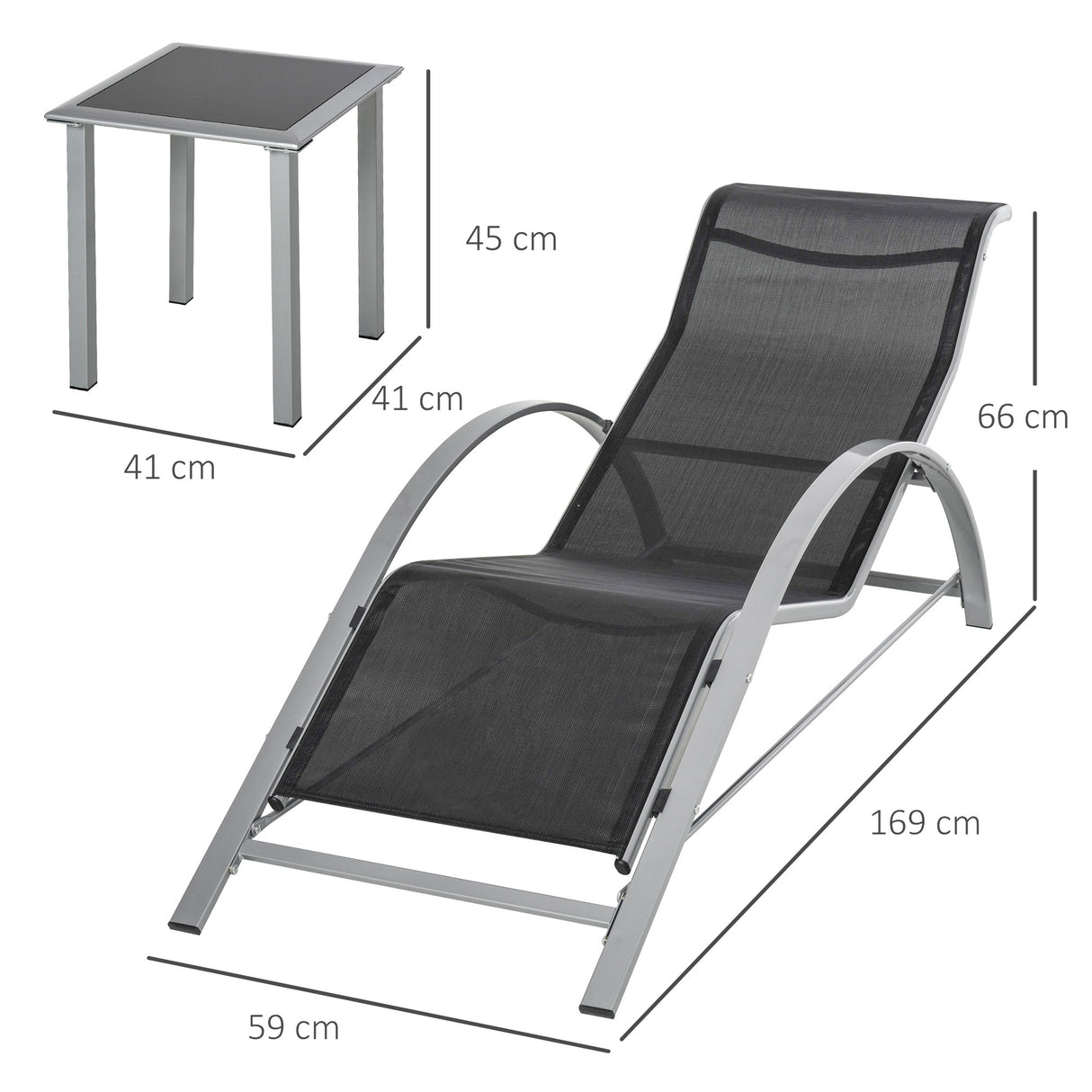 easycomfort easycomfort set 2 sdraio da giardino e tavolino con vetro lettino prendisole con tessuto traspirante 59 x 169 x 66cm nero grigio ean 8054144134192