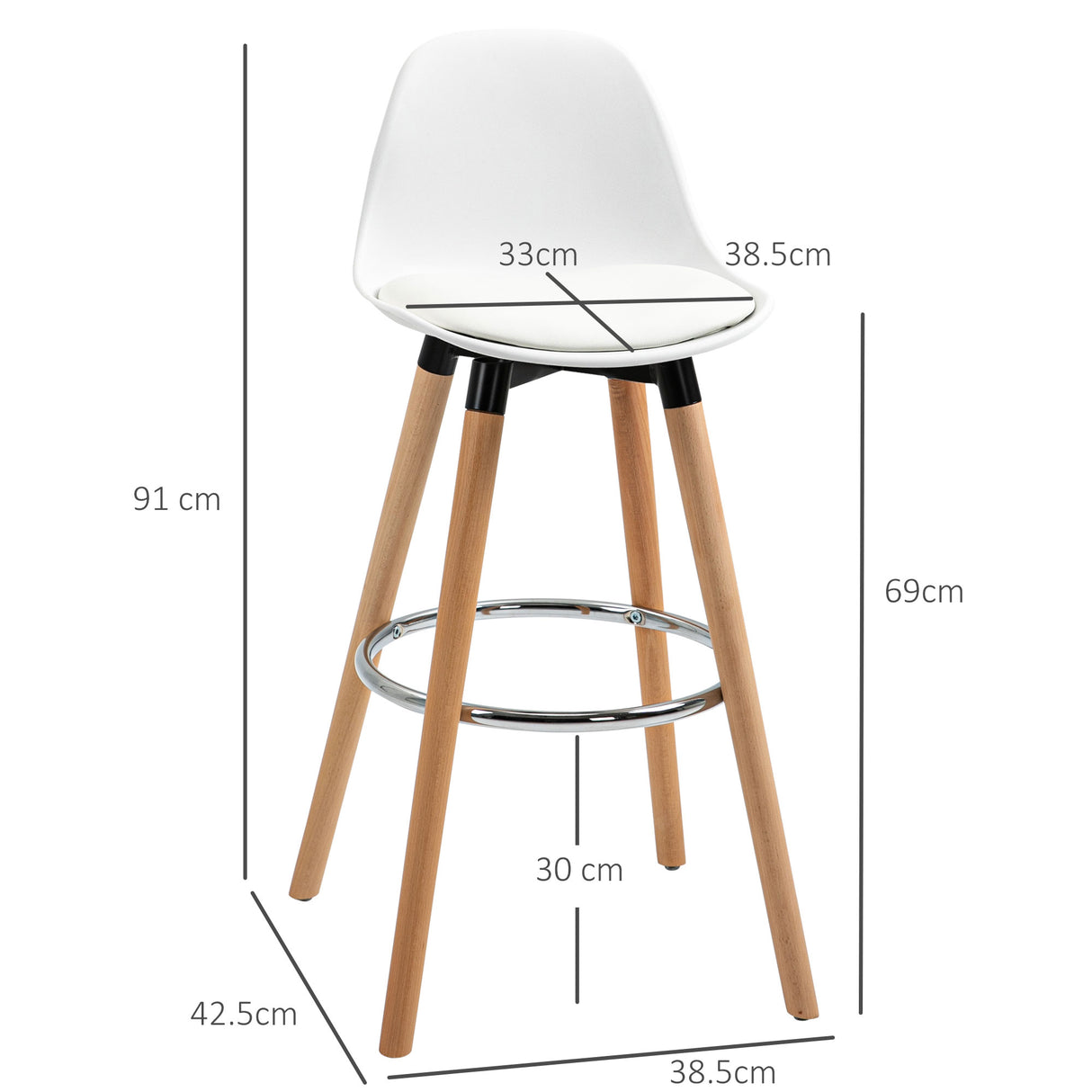 easycomfort easycomfort set 2 sgabelli da bar stile nordico con schienale cuscino e poggiapiedi legno e plastica bianco