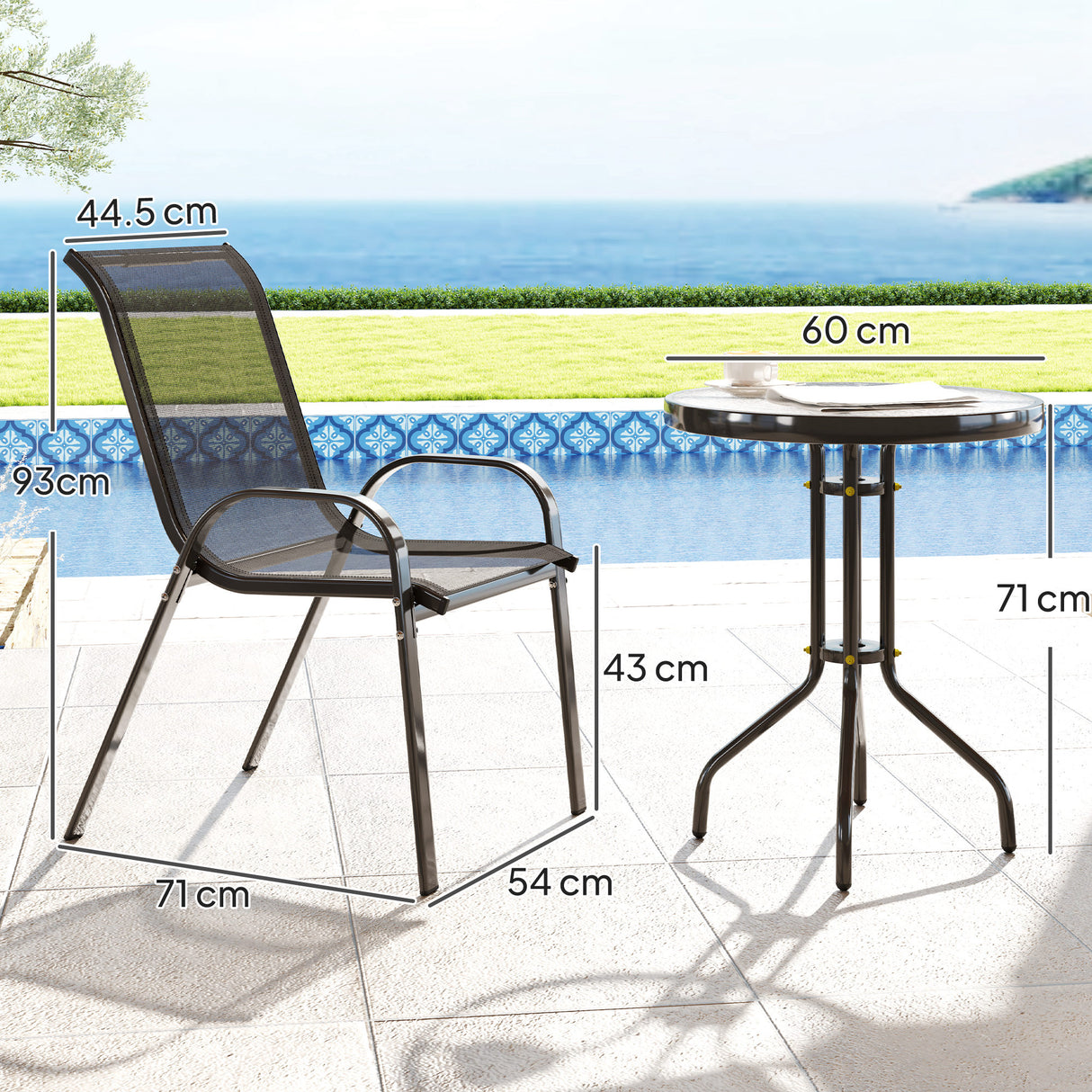 easycomfort easycomfort set da giardino 3 pezzi con 2 sedie da giardino 54x71x93 cm e tavolino rotondo 60x71 cm in acciaio nero