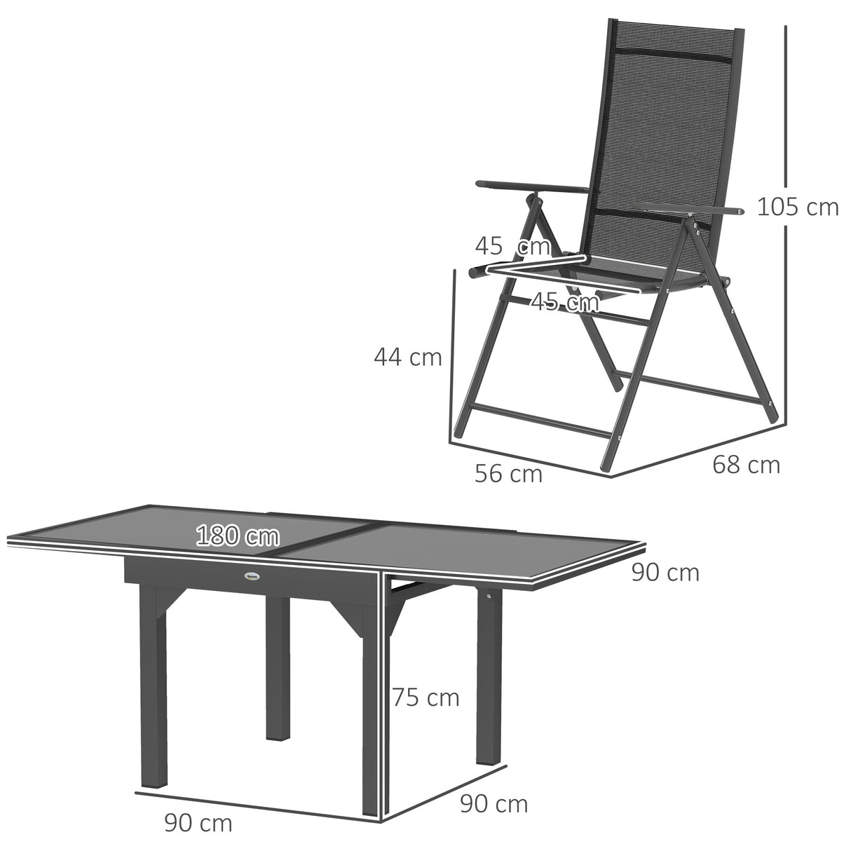 easycomfort easycomfort set da giardino con tavolo allungabile in vetro e 6 sedie da esterno pieghevoli acciaio e textilene grigio