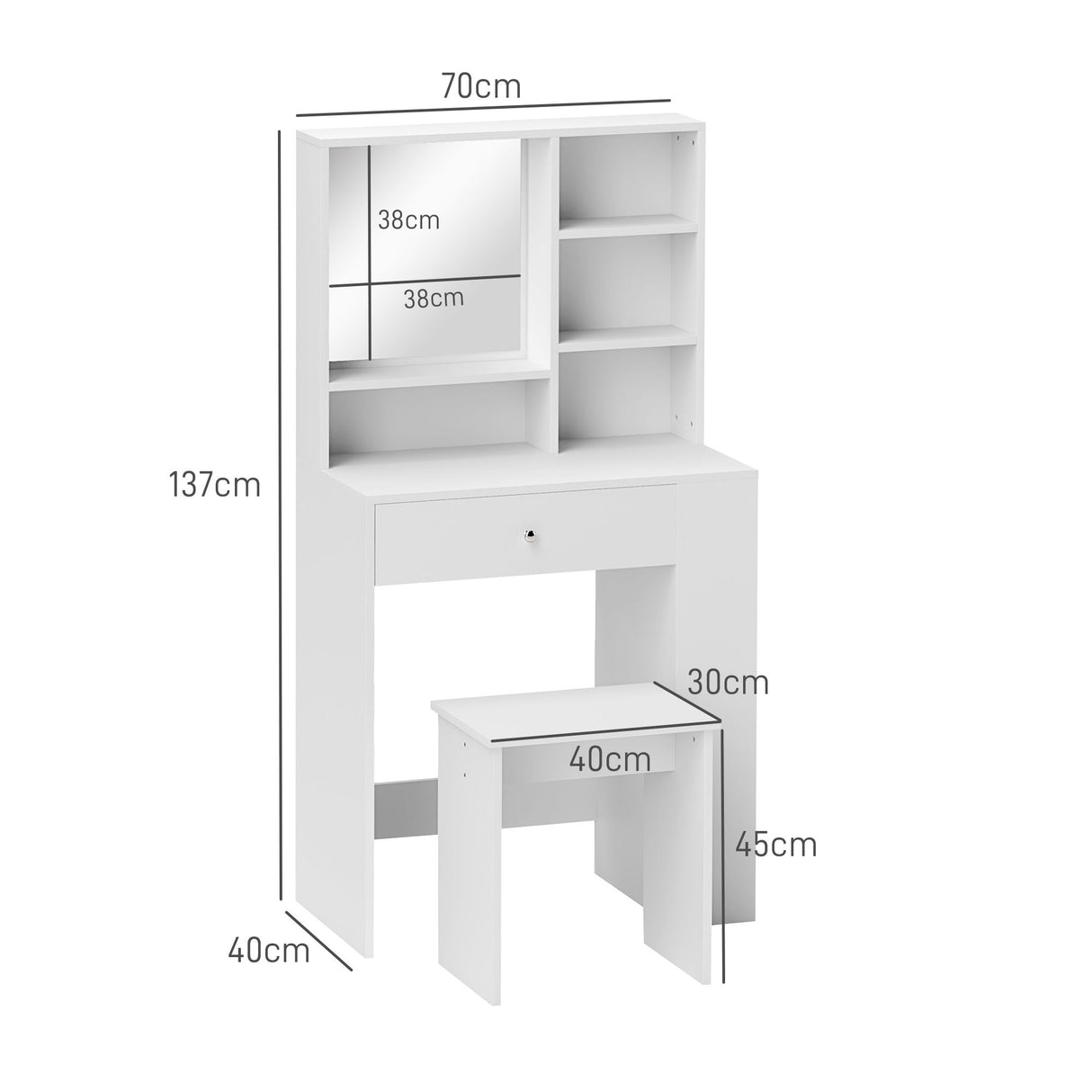 easycomfort easycomfort set toeletta da trucco con tavolino e sgabello specchio e ripiani in legno bianco