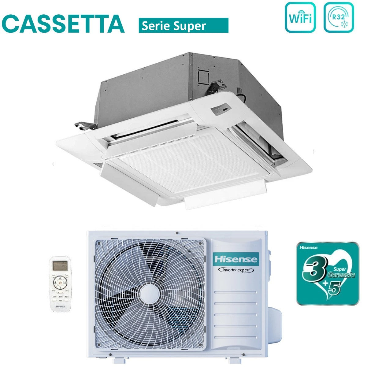 climatizzatore condizionatore hisense inverter a cassetta serie super 18000 btu act52ur4rcc8 _ auw52u4rs7 r 32 wi fi optional classe a__ a_ con telecomando e pannello incluso