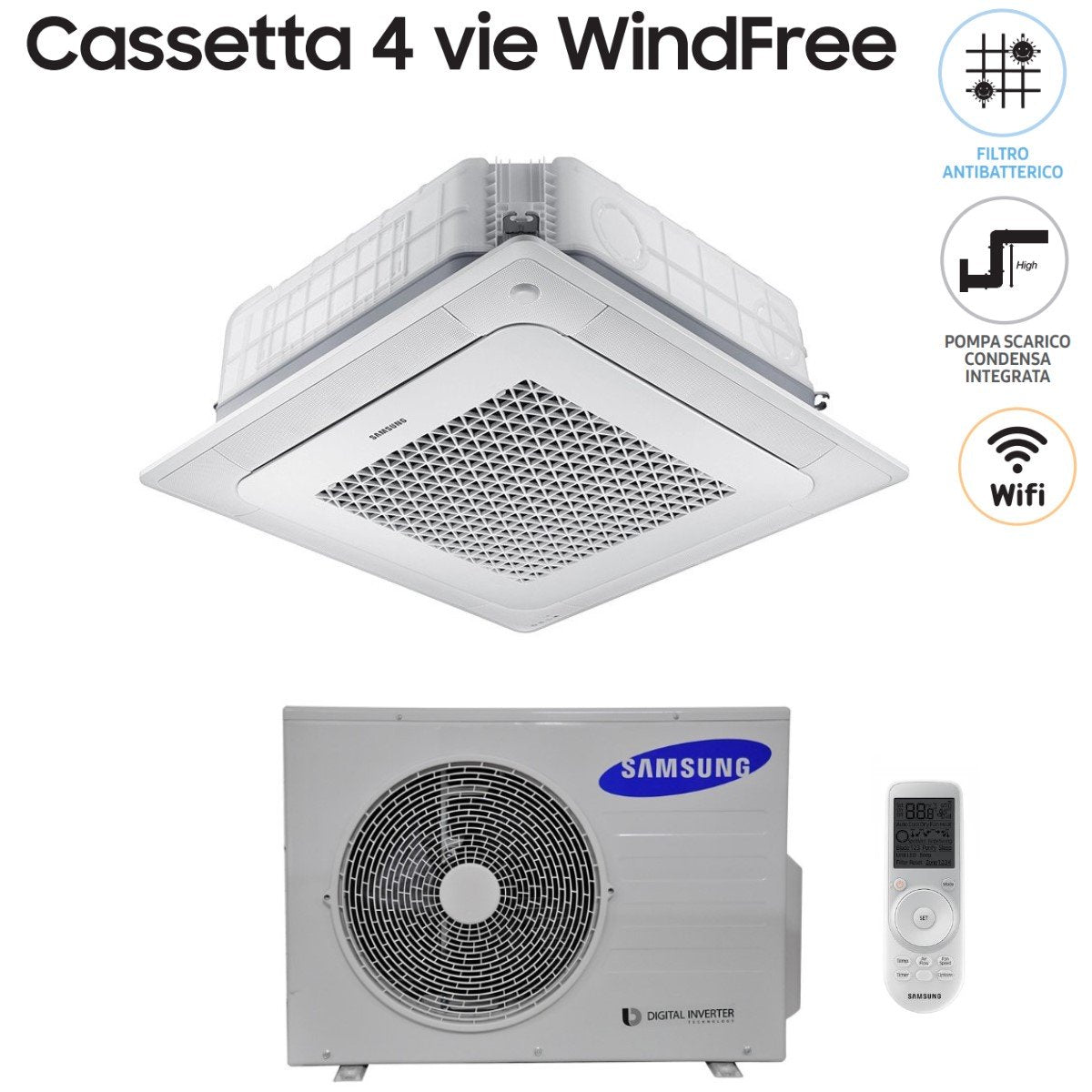 climatizzatore condizionatore samsung inverter cassetta a 4 vie windfree 18000 btu ac052nn4dkh monofase r 410 wi fi optional con comando wireless e pannello incluso