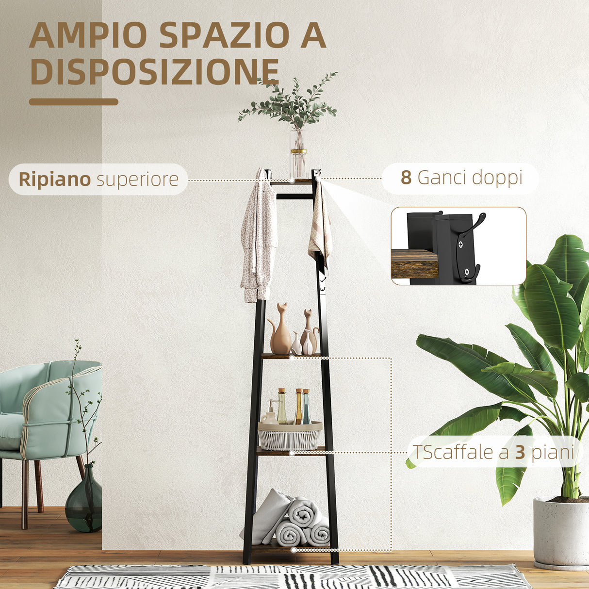 easycomfort easycomfort appendiabiti da terra con 8 ganci 3 ripiani e mensola superiore 34x34x170 cm marrone