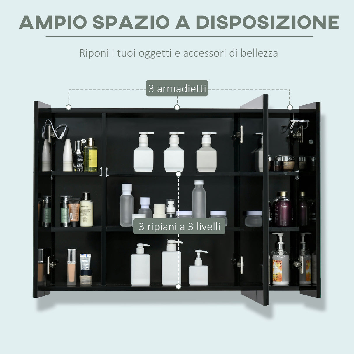easycomfort easycomfort armadietto con specchio da bagno a parete in mdf con 3 armadietti 3 ripiani e luce led 90x15x65 cm nero