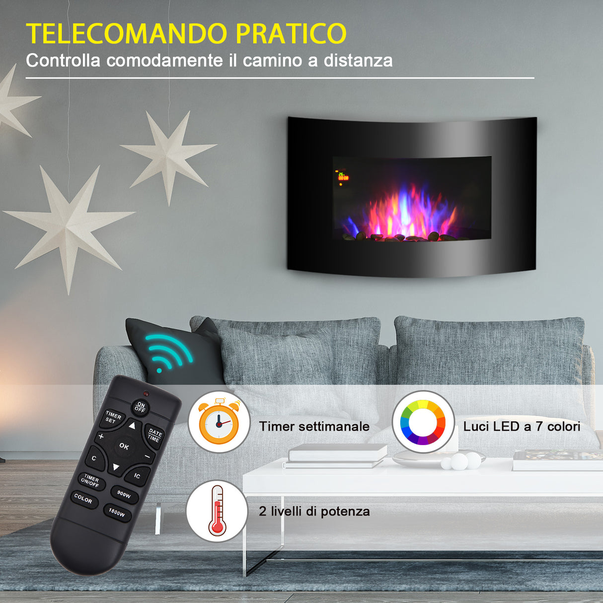 easycomfort easycomfort caminetto elettrico da parete con effetto fiamma colorato con telecomando in acciaio inox e vetro 65x11 4x52 cm nero ean 8054144139715