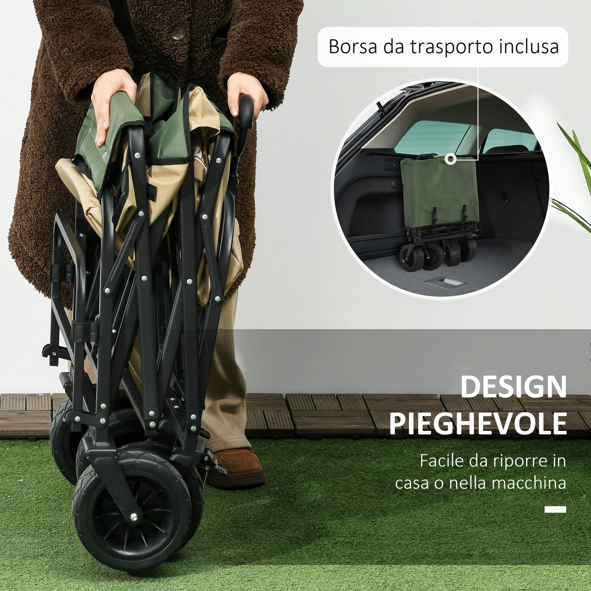 easycomfort easycomfort carrello da giardino 110l con maniglia telescopica e fondo apribile in acciaio e tessuto oxford cachi