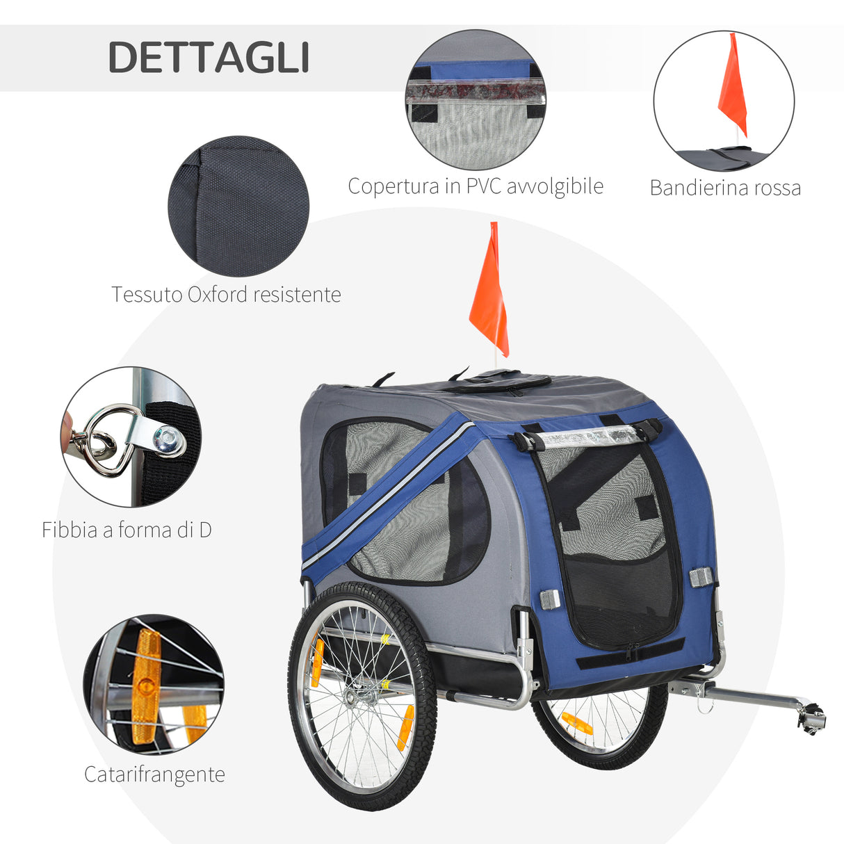 easycomfort easycomfort carrello per cani con reti protettive bandierine e catarifrangenti 130x73x94 cm blu e grigio