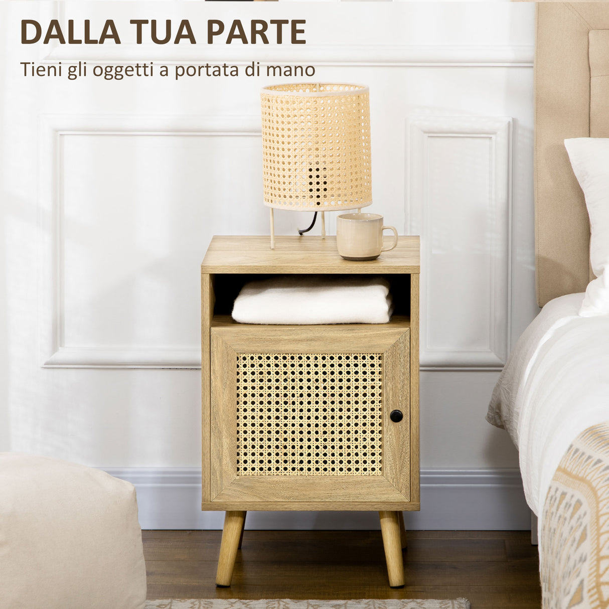 easycomfort easycomfort comodino per camera da letto stile boho con armadietto e ripiano aperto in legno e rattan 39x35x60 cm