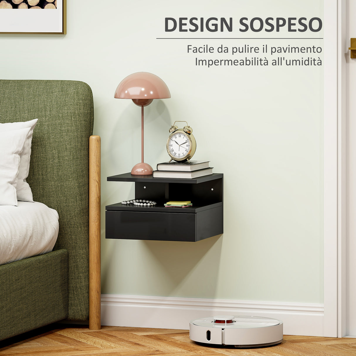 easycomfort easycomfort comodino sospeso per camera da letto con cassetto e ripiano aperto in legno 35x32x22 5 cm nero lucido