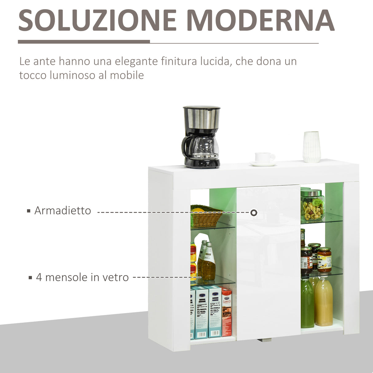 easycomfort easycomfort credenza moderna a anta con luci led e mensole in vetro mobile multiuso in legno con finitura lucida 97x35x83cm bianco