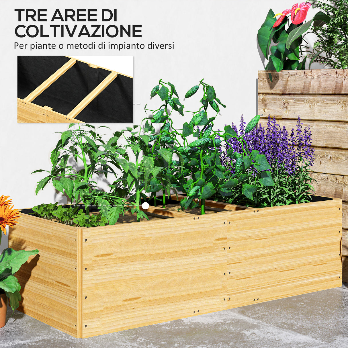 easycomfort easycomfort fioriera da esterno in legno di abete divisa in 3 aree con strato in tessuto non tessuto 140x60x40 cm