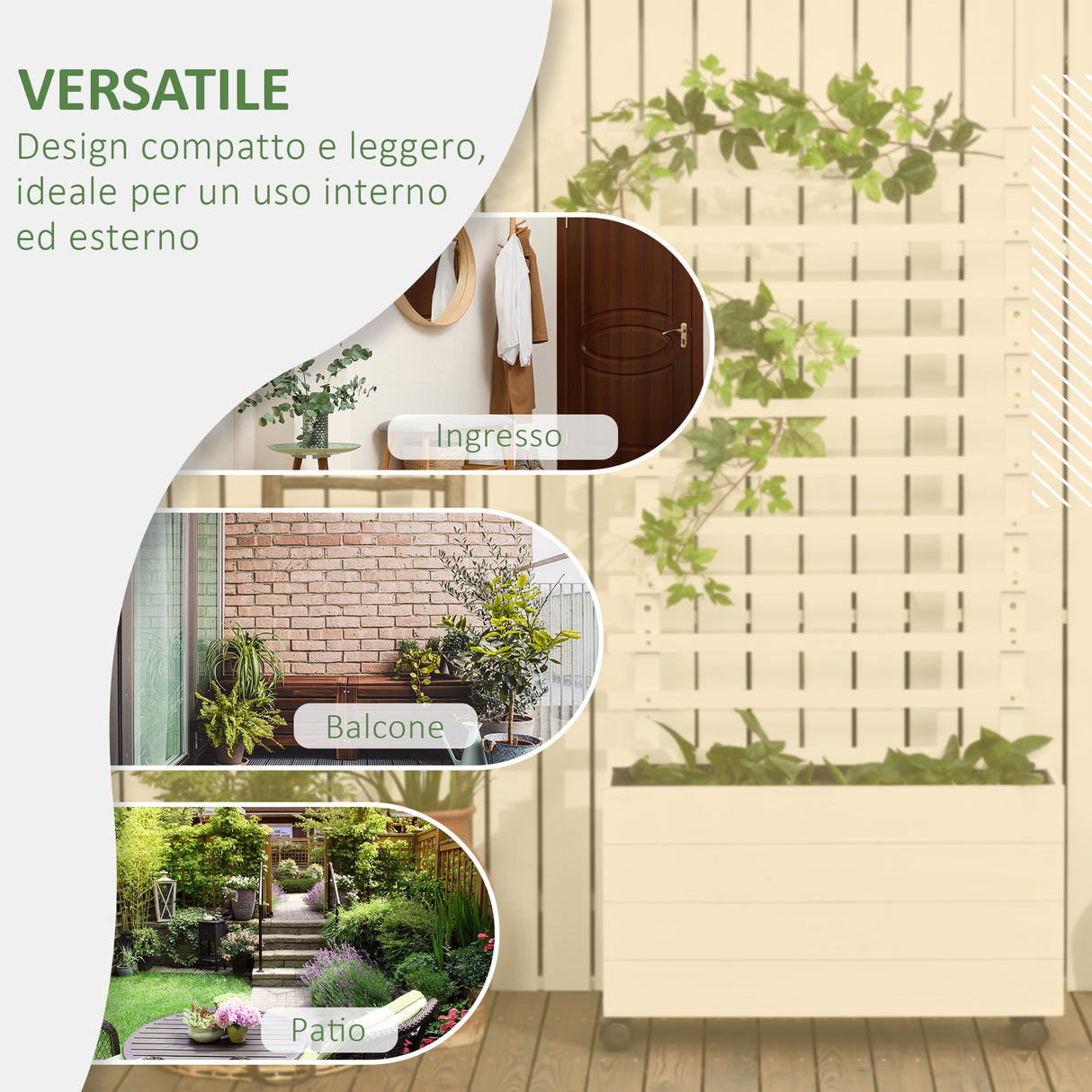 easycomfort easycomfort fioriera verticale con 4 ruote e traliccio per piante rampicanti in legno 76x30x155cm bianco