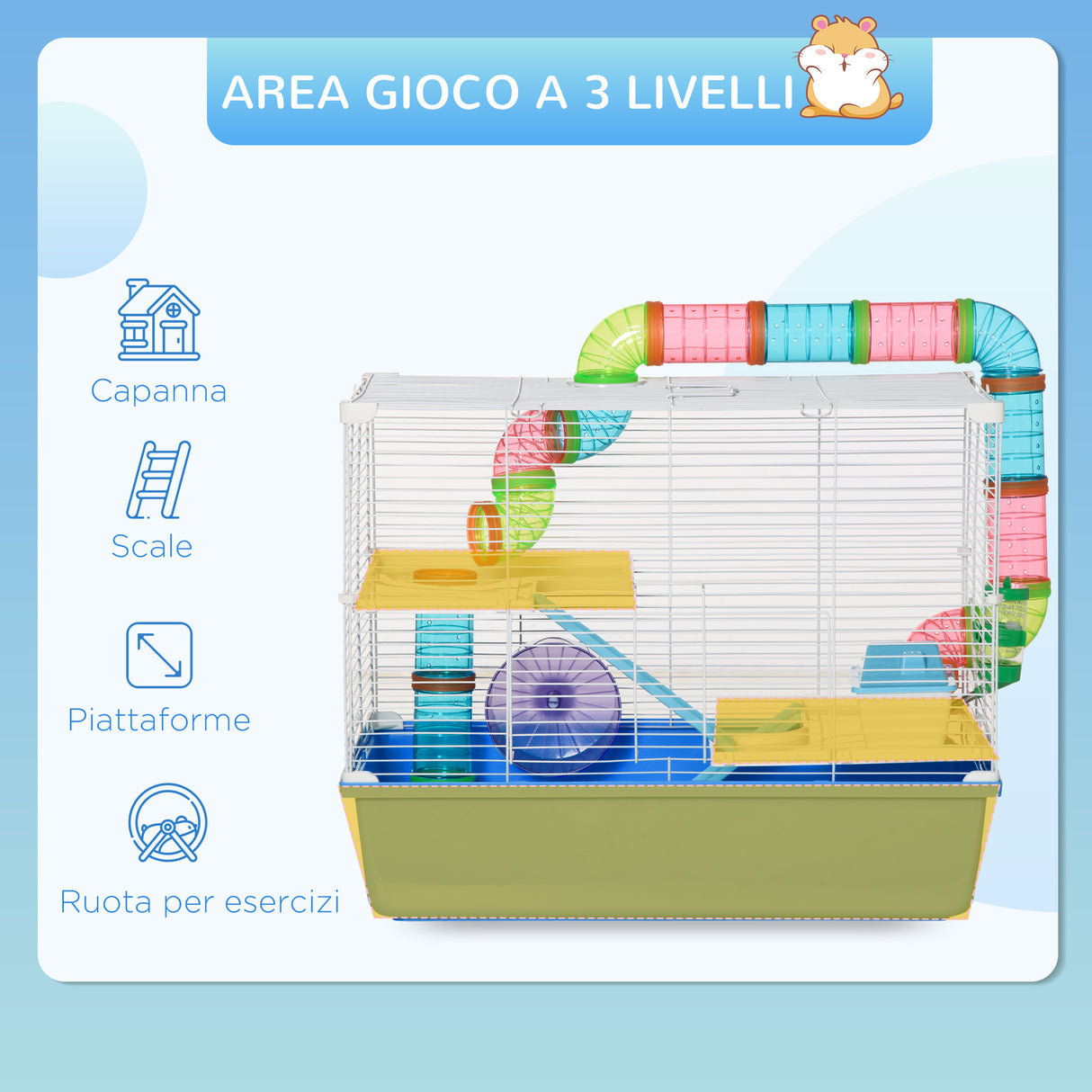 easycomfort easycomfort gabbia per criceti a 3 livelli con tunnel casetta e ruota per criceti 59x36x47cm blu e bianco