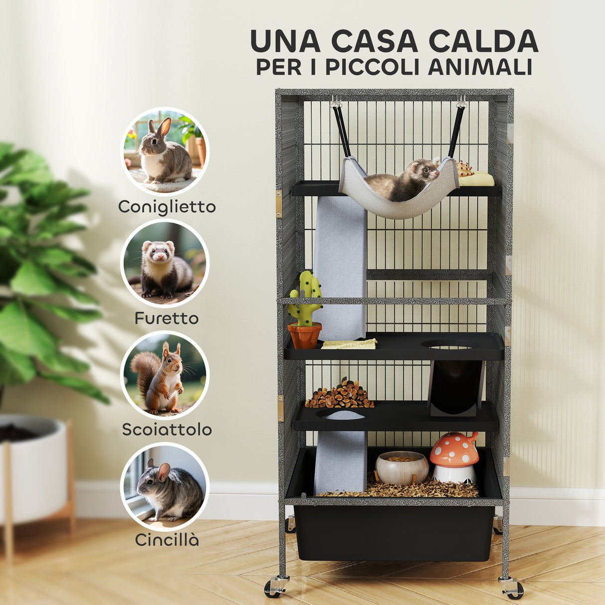 easycomfort easycomfort gabbia per piccoli animali a 4 livelli con rampe piattaforme amaca e ruote 52x52x115 cm grigio
