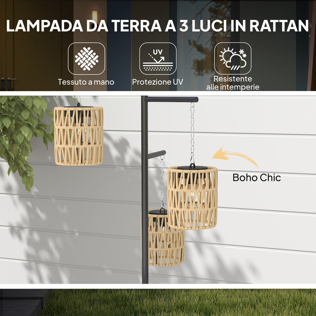 easycomfort easycomfort lampada da esterno solare in stile boho con base quadrata in rattan pe e acciaio 45x45x178 cm nero e giallo