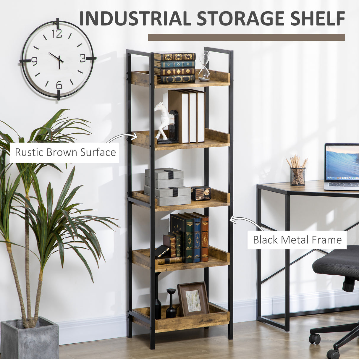 easycomfort easycomfort libreria stile industriale a 5 ripiani in legno e metallo 48x30x155cm marrone rustico