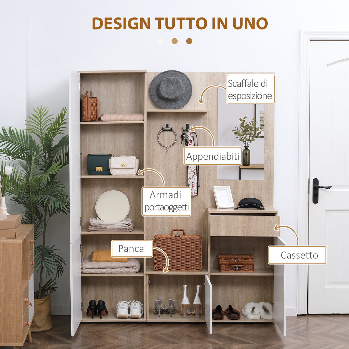 easycomfort easycomfort mobile da ingresso 4 in 1 in truciolato con specchio ganci e ripiani regolabili interni 145x29x184 cm