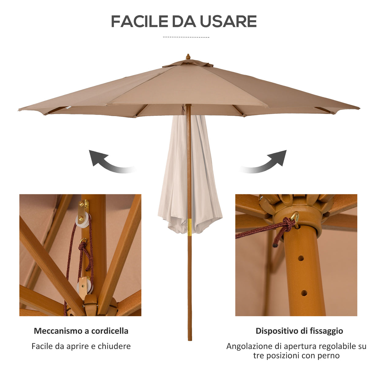 easycomfort easycomfort ombrellone da giardino 3 m con palo in legno 8 stecche e parasole in poliestere cachi