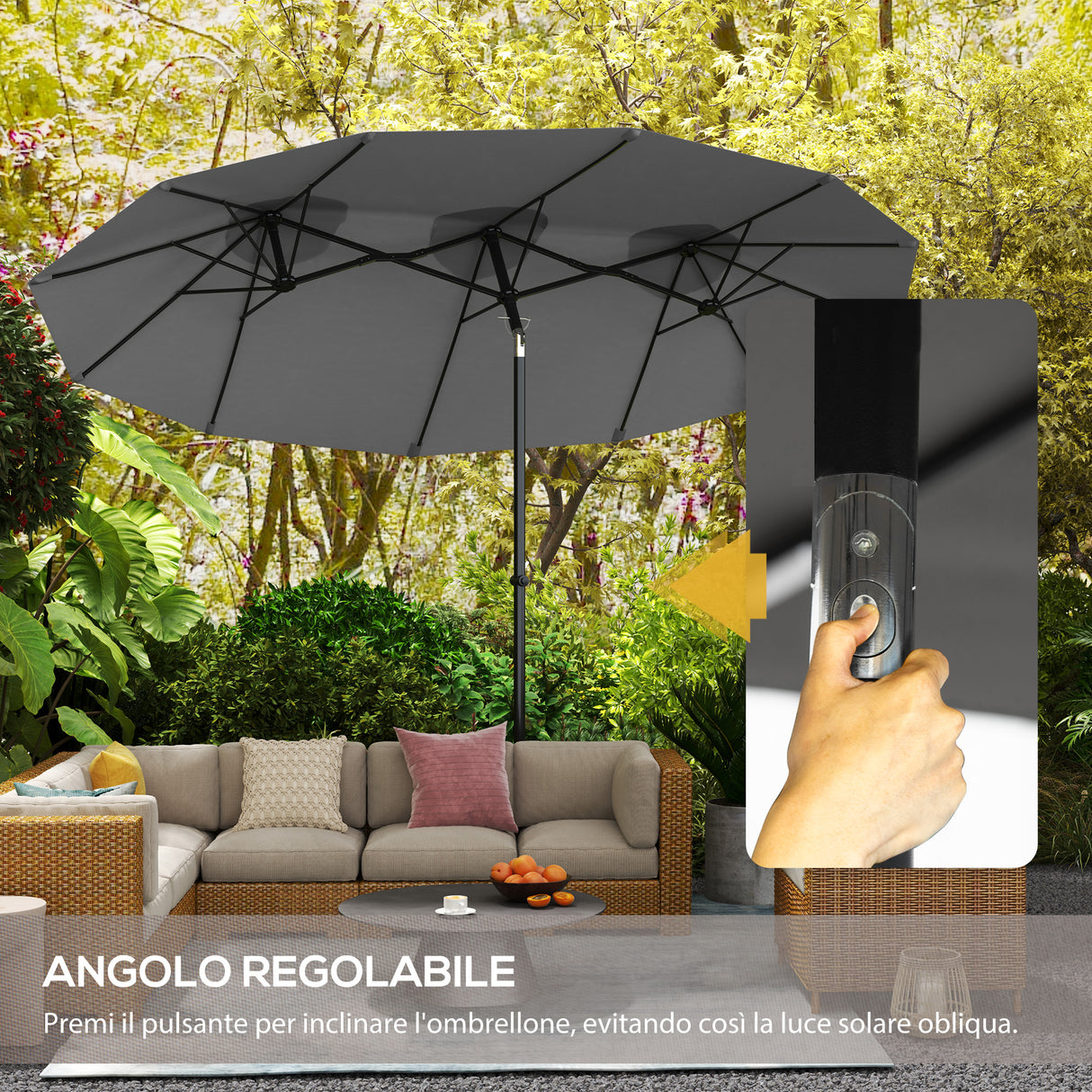 easycomfort easycomfort ombrellone doppio inclinabile a 45 con manovella e prese daria in acciaio e poliestere 285x147x227 cm grigio