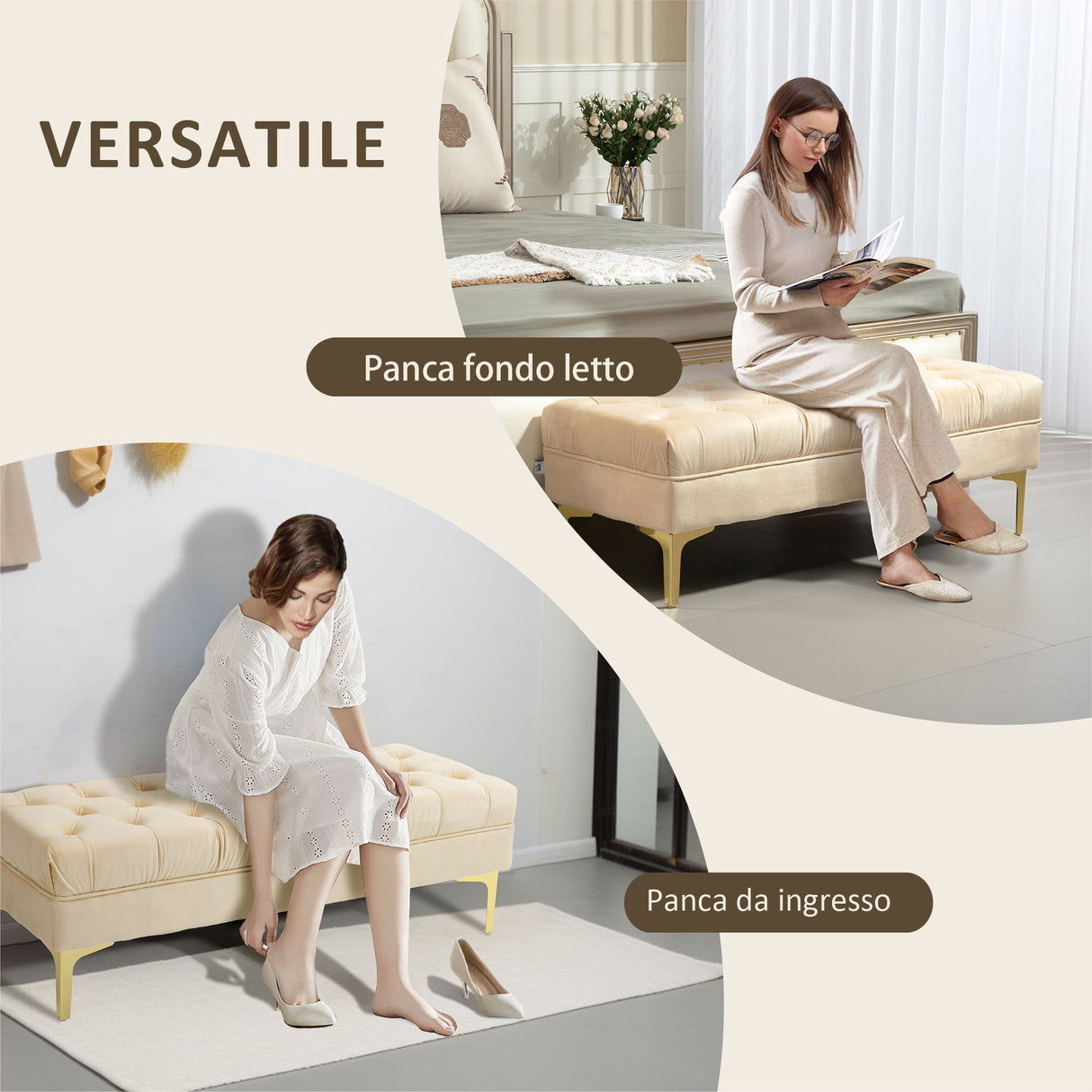 easycomfort easycomfort panca fondo letto imbottita con rivestimento trapuntato in tessuto effetto velluto 118x45x42 cm beige