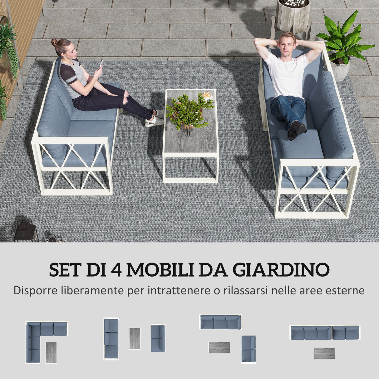 easycomfort easycomfort salotto da giardino angolare con poltrona reclinabile 2 divanetti con cuscini e tavolino grigio
