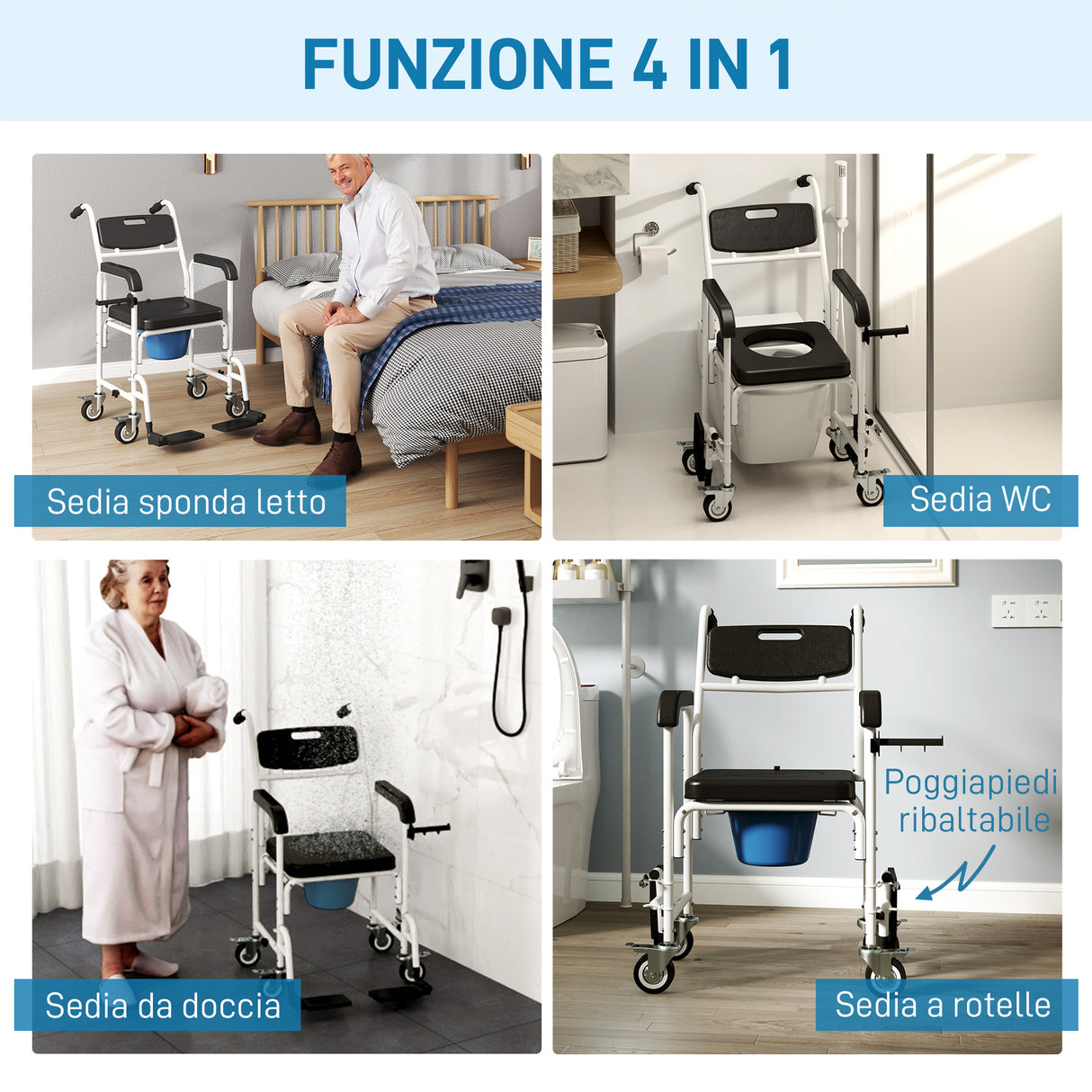 easycomfort easycomfort sedia a rotelle con wc impermeabile 4 in 1 con poggiapiedi ribaltabili in alluminio e plastica nero