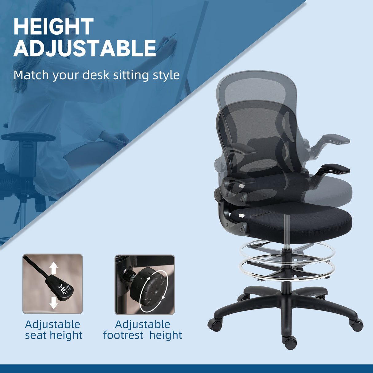 easycomfort easycomfort sedia da ufficio ergonomica in tessuto traspirante con altezza regolabile e braccioli ribaltabili 59x65x110 130 cm