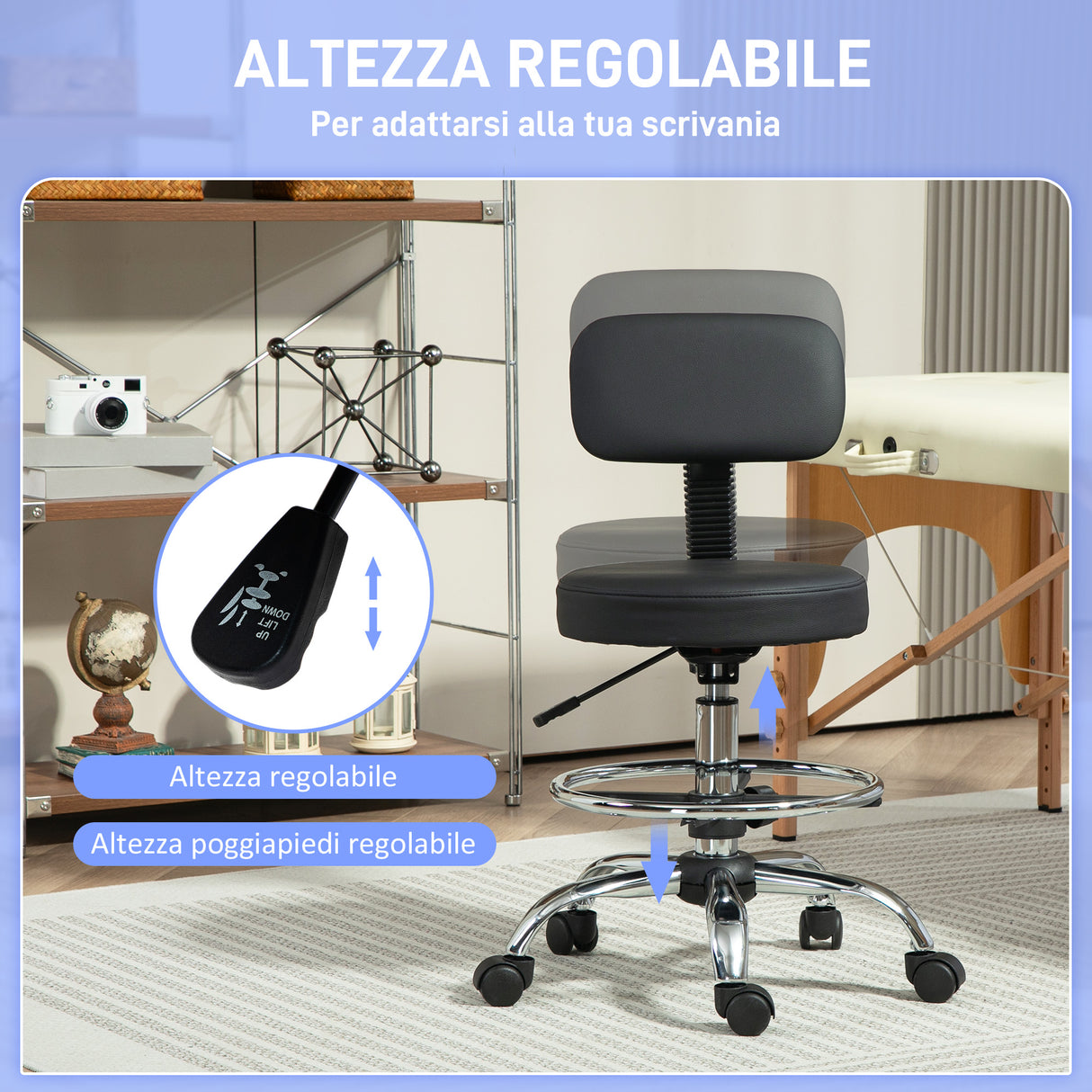 easycomfort easycomfort sedia girevole ad altezza regolabile con poggiapiedi in acciaio finta pelle e gommapiuma 52x52x78 92 cm nero