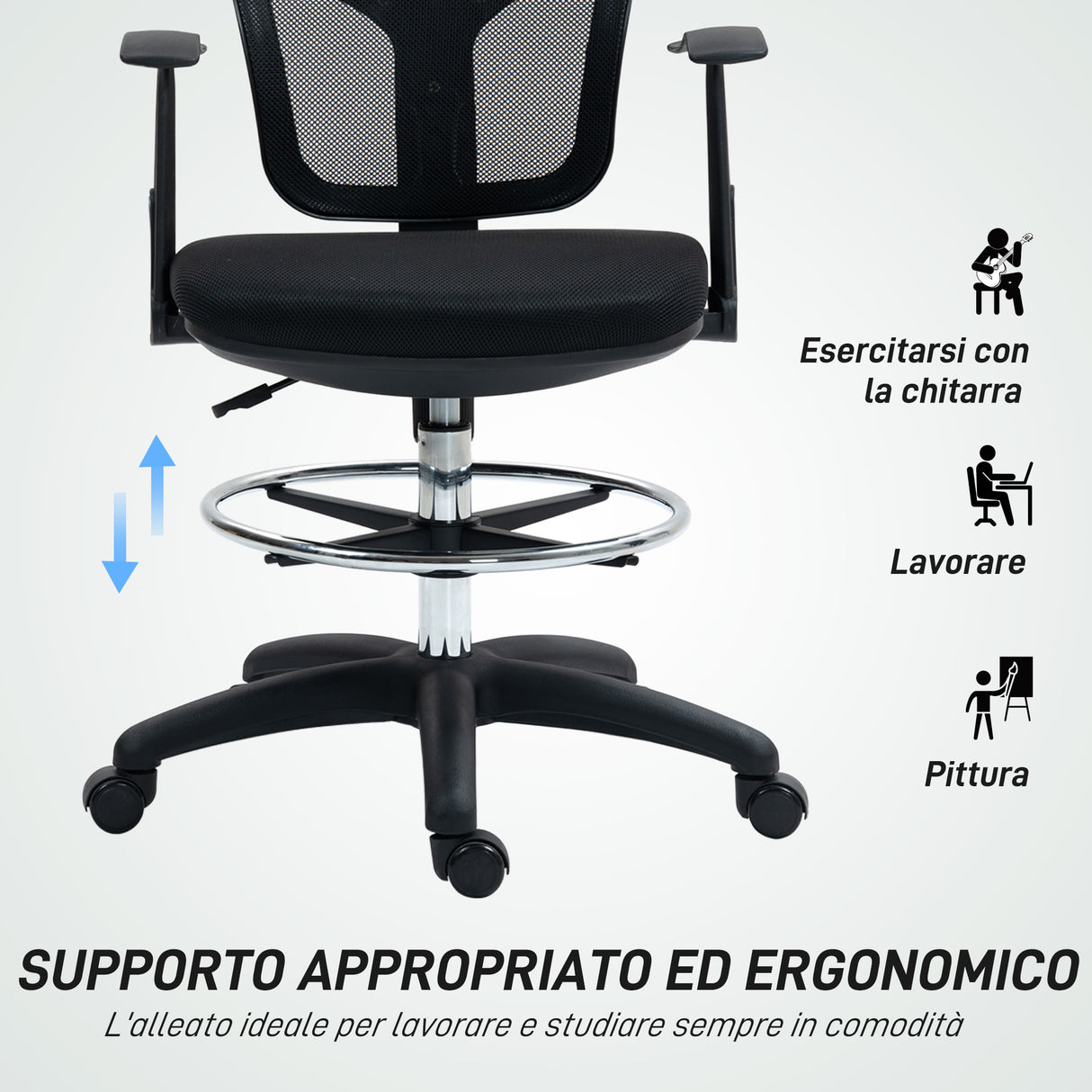 easycomfort easycomfort sedia girevole con anello poggiapiedi e schienale ricurvo in poliestere schiuma e plastica 55x58x94 cm nero