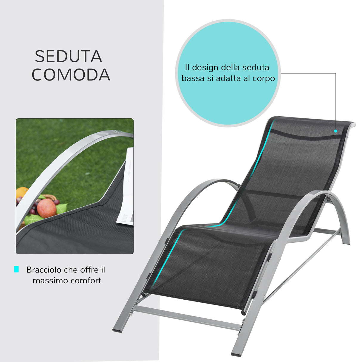 easycomfort easycomfort set 2 sdraio da giardino e tavolino con vetro lettino prendisole con tessuto traspirante 59 x 169 x 66cm nero grigio ean 8054144134192