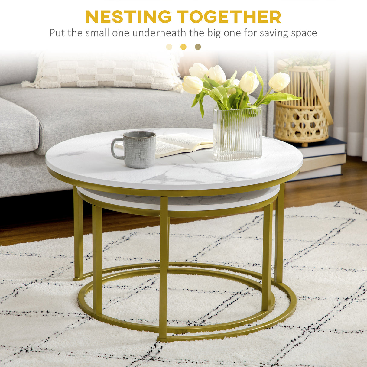 easycomfort easycomfort set 2 tavolini da salotto rotondi e impilabili in acciaio e truciolato 74x46 3 cm e 59x38 5 cm bianco e oro