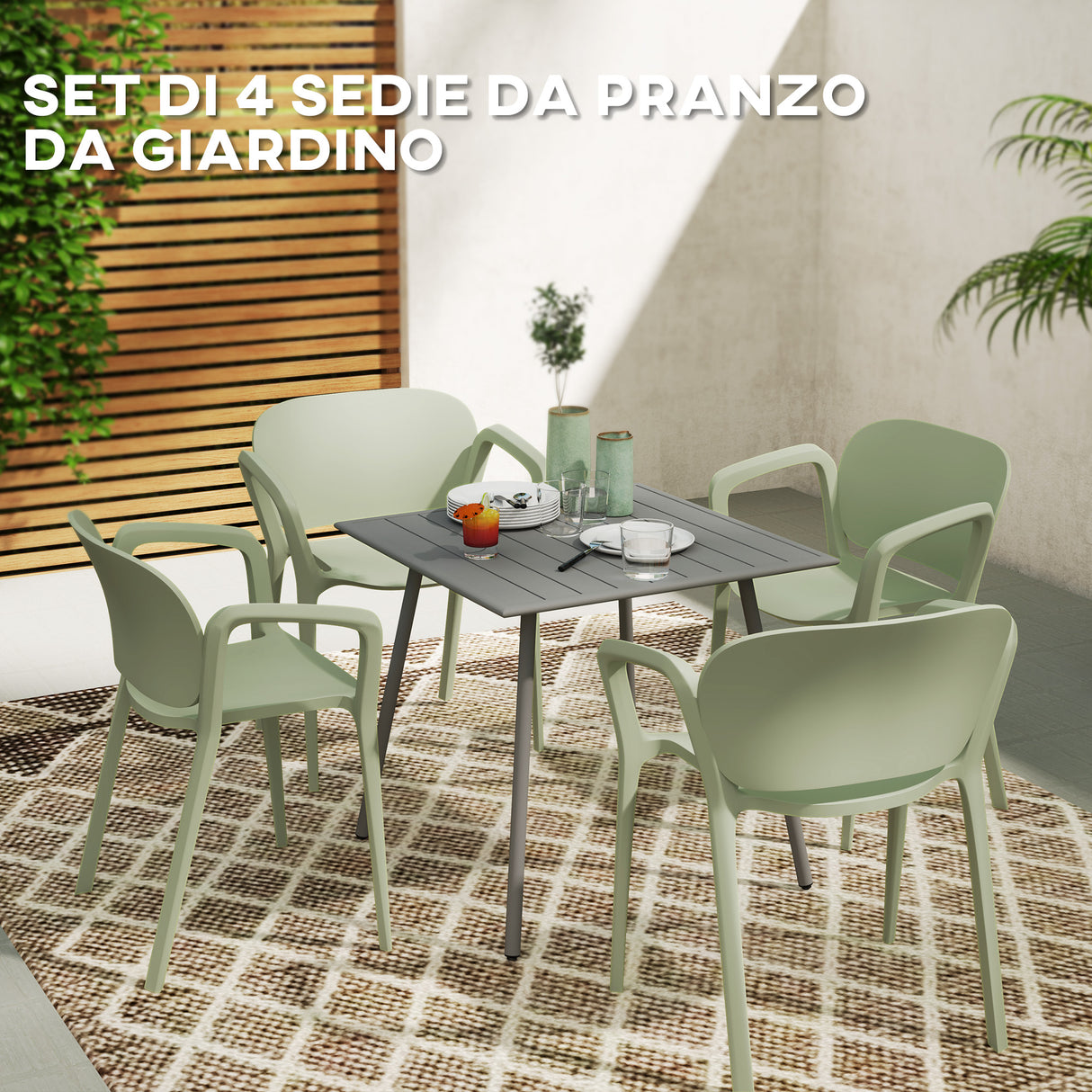 easycomfort easycomfort set 4 sedie da giardino impilabili in pp dal design moderno con braccioli 60x56x75 cm verde