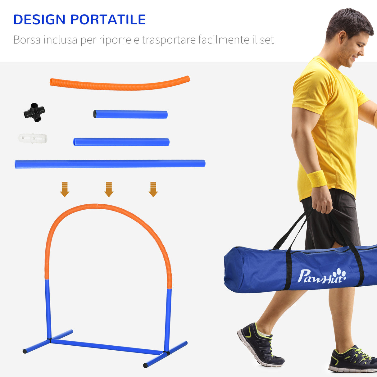 easycomfort easycomfort set agility dog con 4 archi componibili e borsa da trasporto in pe e abs 88x64x95 cm blu e arancione