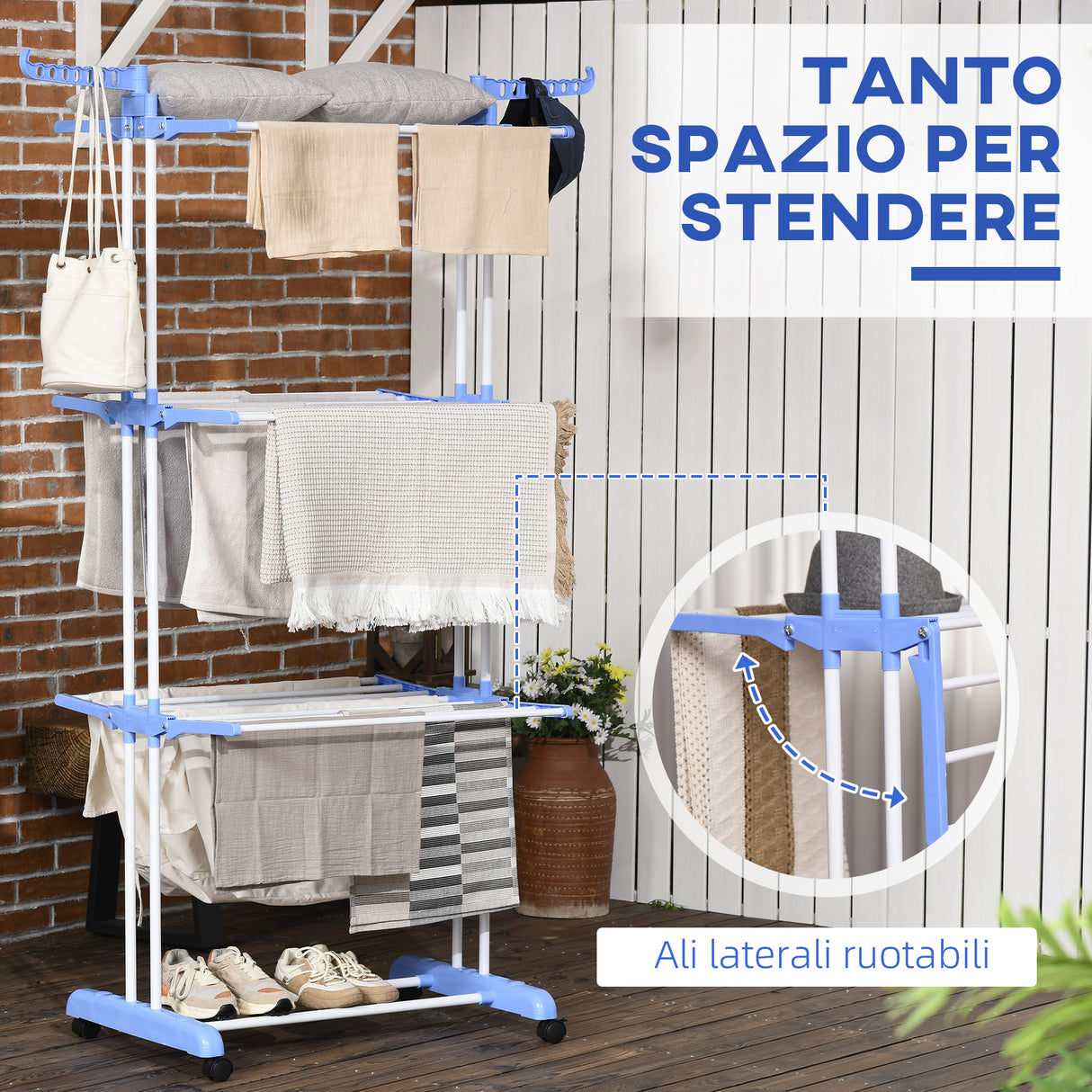 easycomfort easycomfort stendibiancheria pieghevole a 4 livelli con ali girevoli e 4 ruote in acciaio e pp 73x64x177 cm bianco e argento