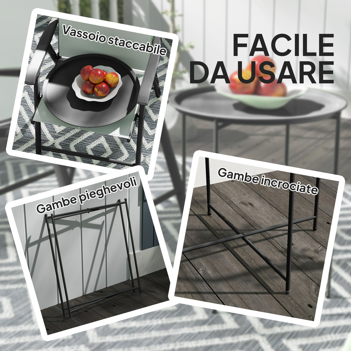 easycomfort easycomfort tavolino da giardino con vassoio rimovibile e gambe pieghevoli in acciaio 46x50 cm nero