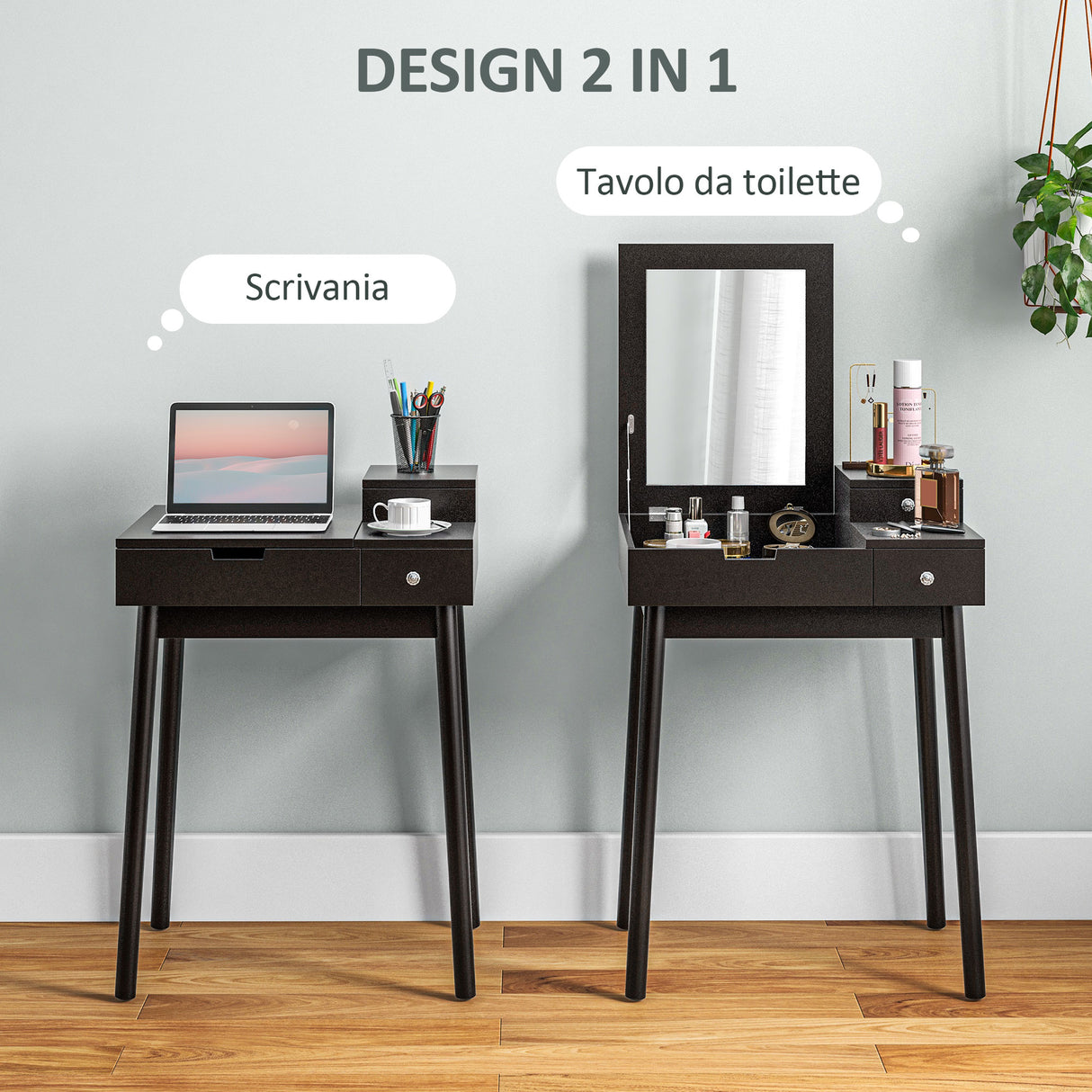 easycomfort easycomfort tavolo da trucco 2 in 1 con specchio ribaltabile e 2 cassetti 60x50x85 5 cm nero
