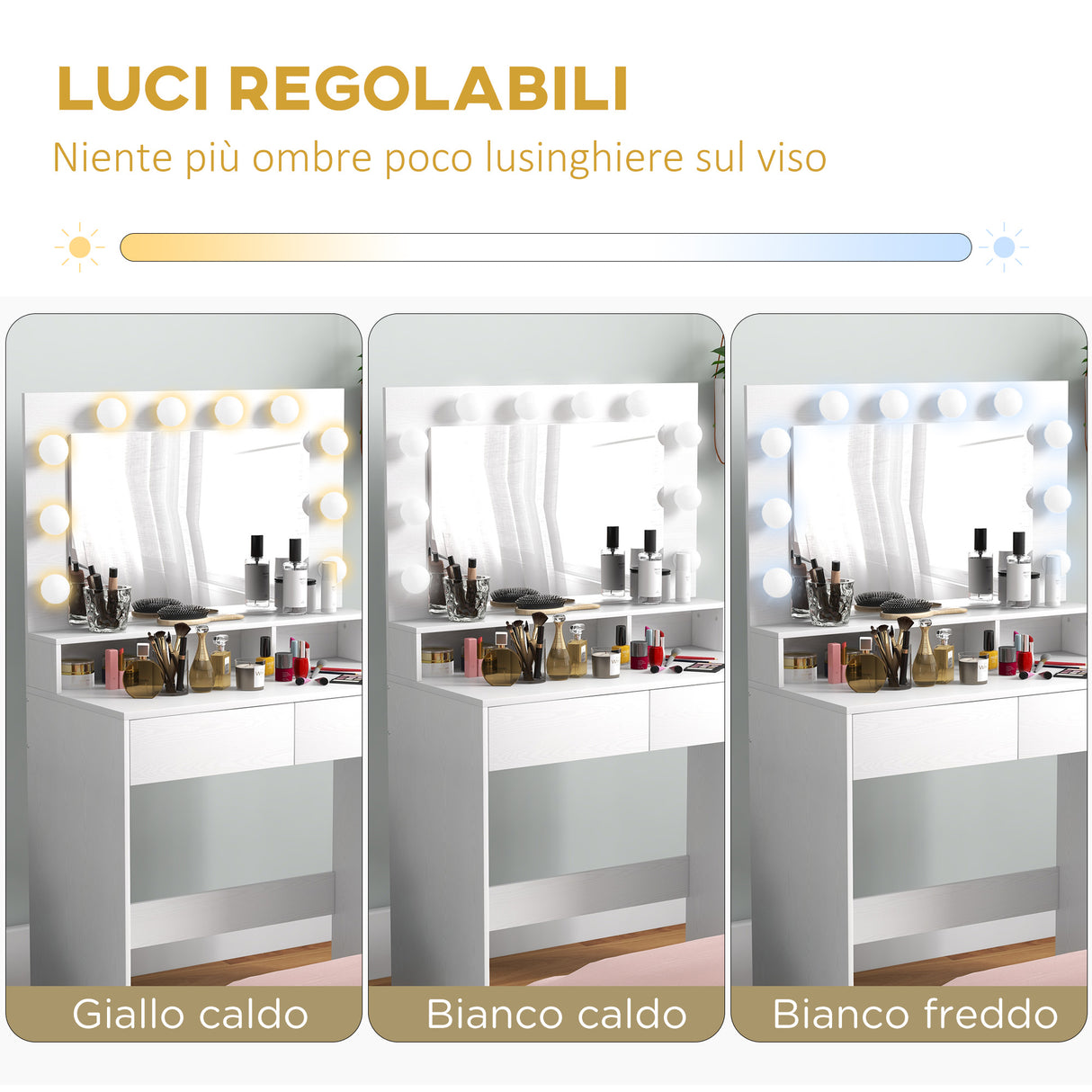 easycomfort easycomfort tavolo da trucco con specchio e 10 luci led regolabili 2 cassetti e 3 scomparti 80x40x135 cm bianco