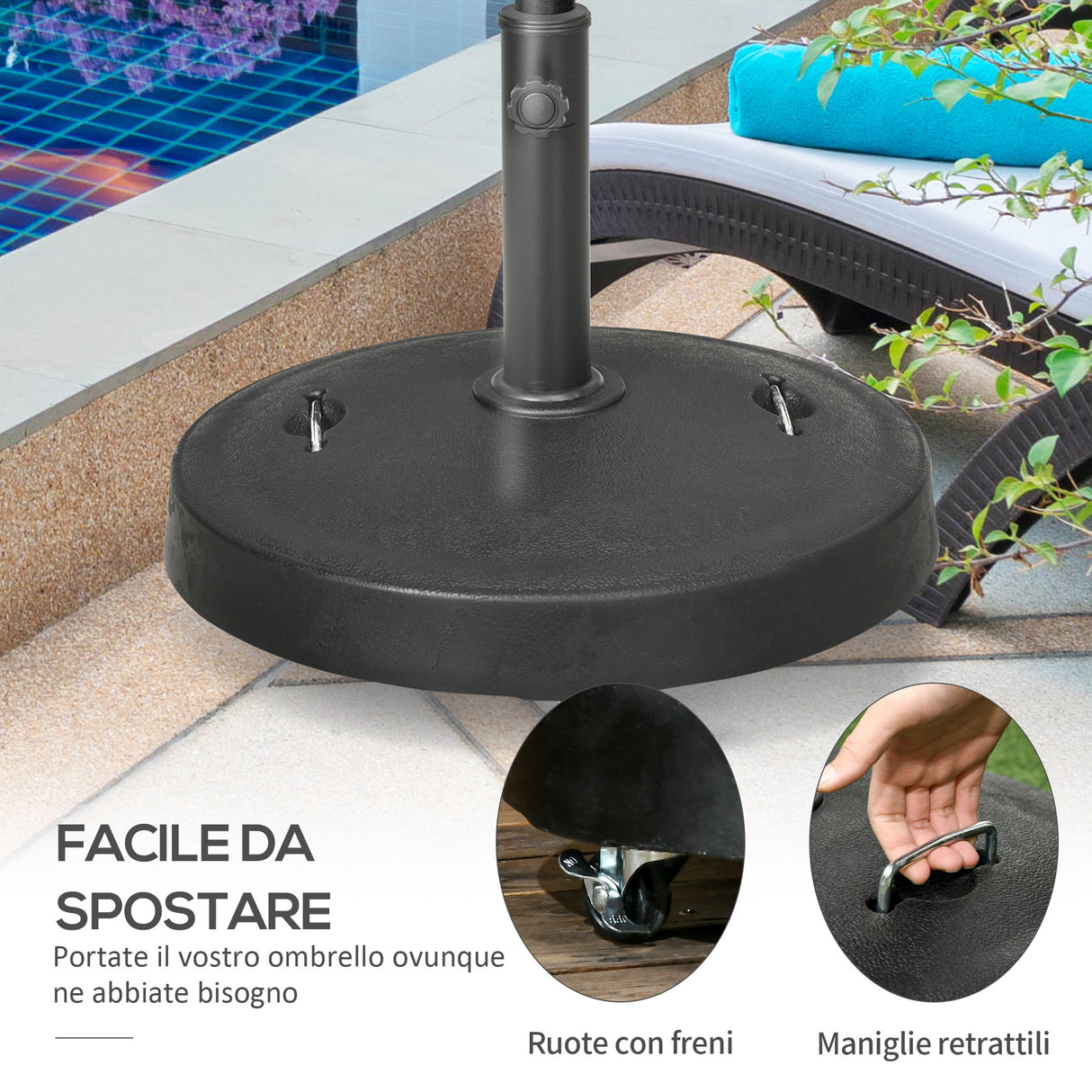 easycomfort easycomfort base per ombrellone da 23 5kg con 2 manovelle e rotelle in resina e acciaio 53x41 cm nera
