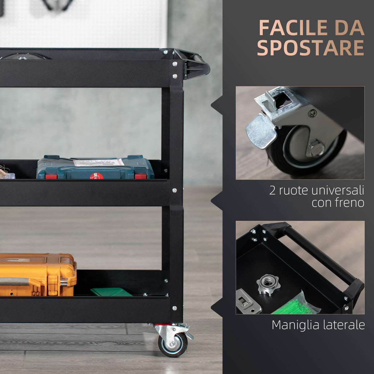 easycomfort easycomfort carrello porta attrezzi a 3 livelli in acciaio con bordi alti e 4 ruote girevoli 83x35 3x76 cm nero
